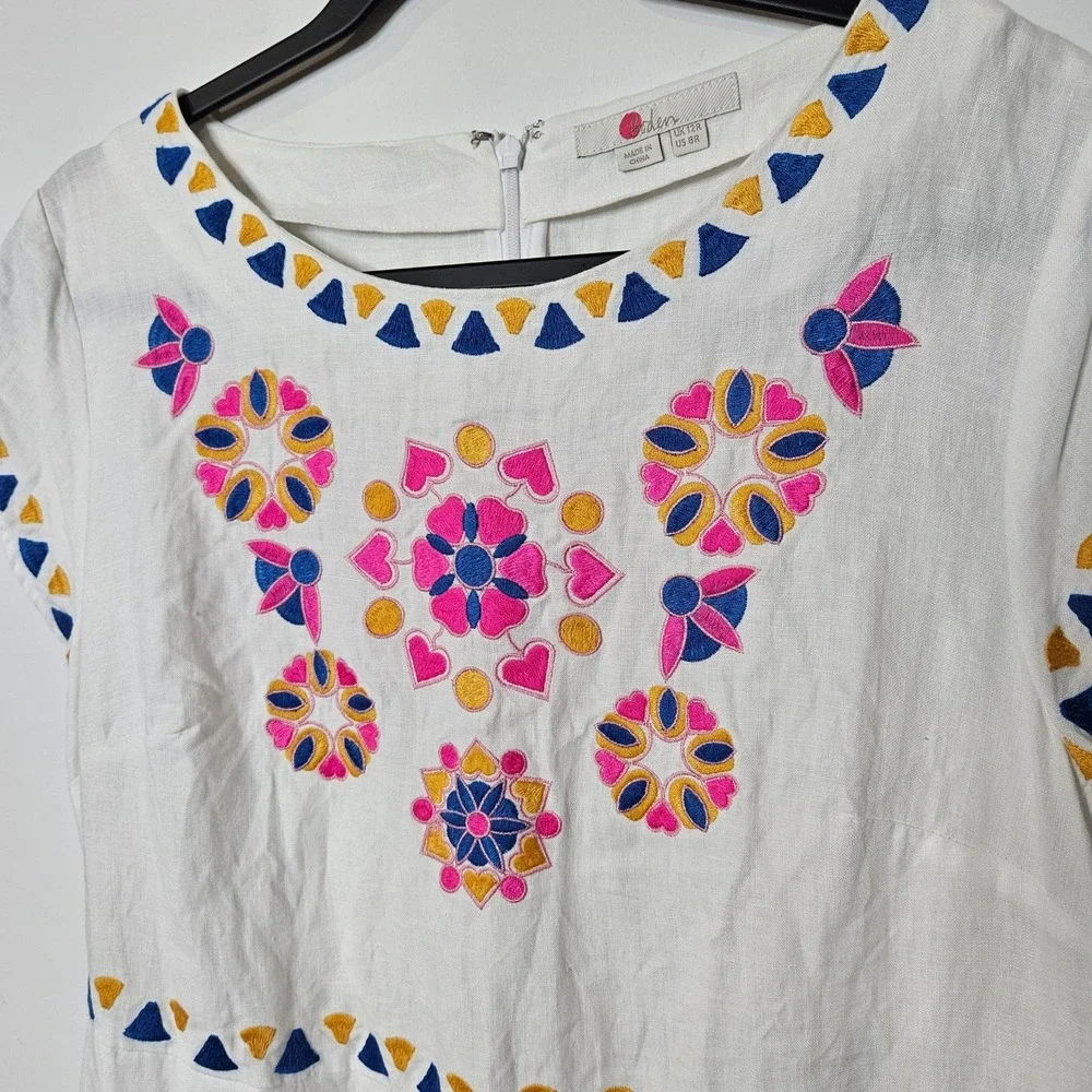 Boden Womens White 100% Linen Embroidered Floral Garden Cottage Shift Dress 8R - Picture 2 of 6